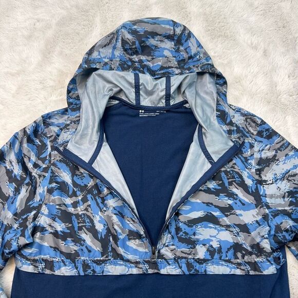 Under Armour Jacket Mens Medium Fitted Blue Camouflage Windbreaker 1/2 Zip Hoode - Picture 4 of 9